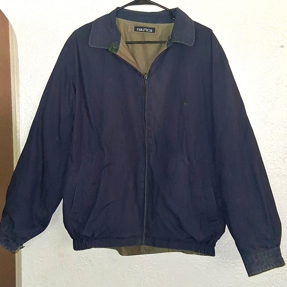 Nautica Vintage Mens Reversible Jacket Lightweight 90's Navy Blue Olive Green L